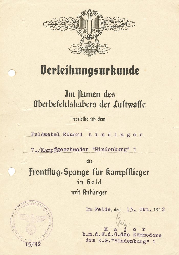 GMA6 Set of documents and photographs related to Luftwaffe Ritterkreuzträger Hauptfeldwebel Eduard Lindinger — image 9