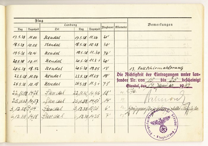 AQD1 Flugbuch to a Fallschirmjäger Ritterkreuz des Eisernen Kreuzes mit Eichenlaub recipient, dated 1937 and signed by both Koch and Becker — image 9