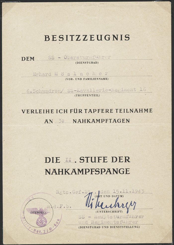 RKA1 Marvelous set of documents relating to Waffen SS Ritterkreuzträger Erhard Mösslacher — image 9