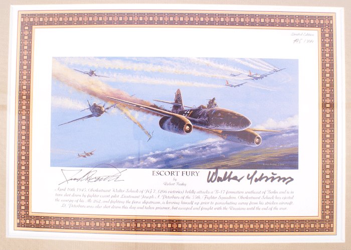Reversible framed prints detailing air battle between Obl. Walter Schuck and 1st Lt. Joseph Peterburs in April 1945 — image 5