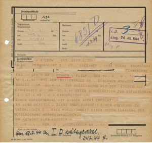 Original telegram notifying Oberfeldwebel Schuck of the award of the …