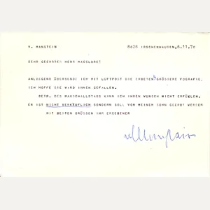 DN104 Letter with signature of Erich von Manstein