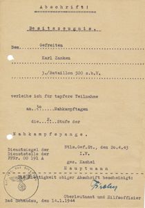 DN101 Award document for Nahkampfspange in silver