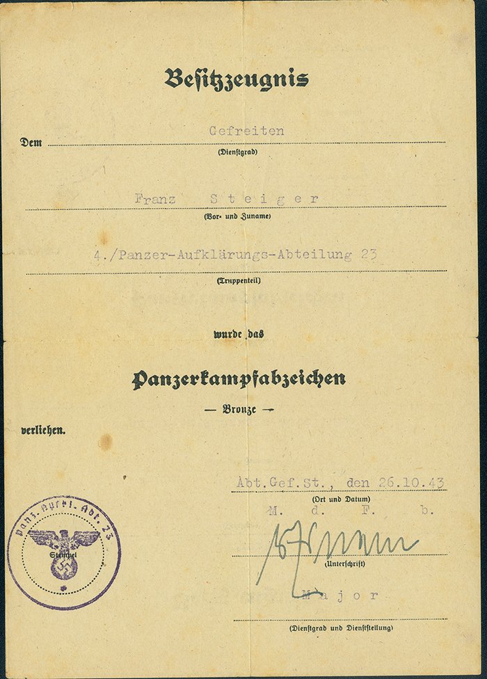 STN1 Set of documents for highly decorated soldier in 23rd Panzer Div. including Wehrpass and 25 Bronze Panzer Assault Badge — image 2