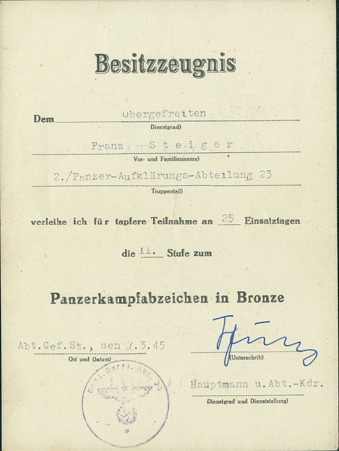 STN1 Set of documents for highly decorated soldier in 23rd Panzer Div. including Wehrpass and 25 Bronze Panzer Assault Badge — image 4