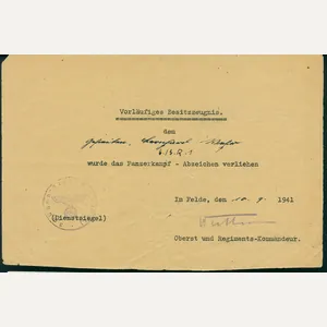 Document for Panzer Assault Badge