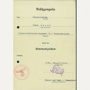 RIE1 Document for General Assault Badge to an Obergefreiter in …