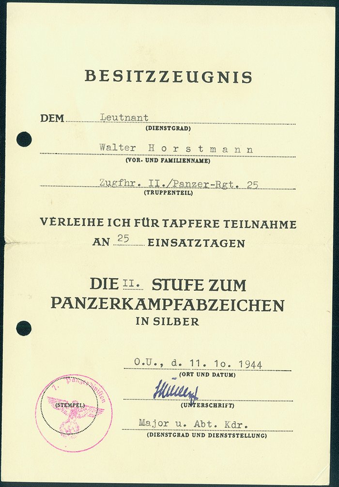 Document for 25 Silver Panzer Assault Badge for Leutnant in Panzer Rgt. 25, 7th Panzer Div. (Kurland) — image 2