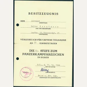 Document for 25 Silver Panzer Assault Badge for Leutnant in …