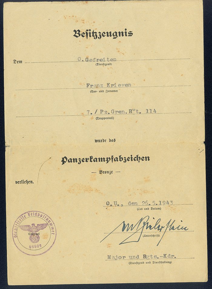 NDA11 Document set for Panzergrenadier - Bronze Panzer Assault Badge, Silver Wound Badge and other awards — image 3