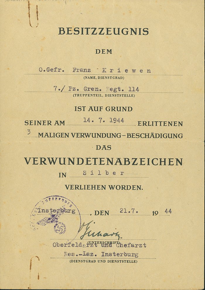 NDA11 Document set for Panzergrenadier - Bronze Panzer Assault Badge, Silver Wound Badge and other awards — image 5