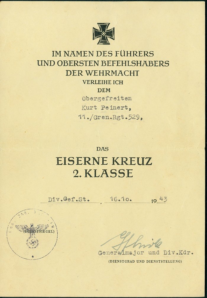 Document for Iron Cross 2nd Class to an Obergefreiter in a Gren. Rgt. — image 2