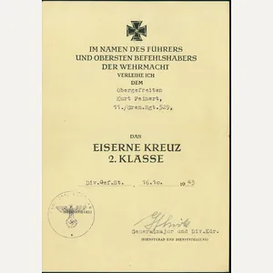 Document for Iron Cross 2nd Class to an Obergefreiter in …