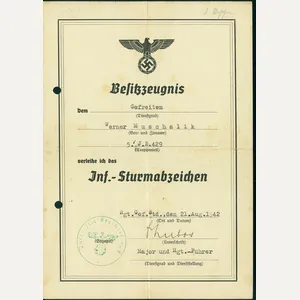 Document for Infantry Assault Badge to Heer Gefreiter