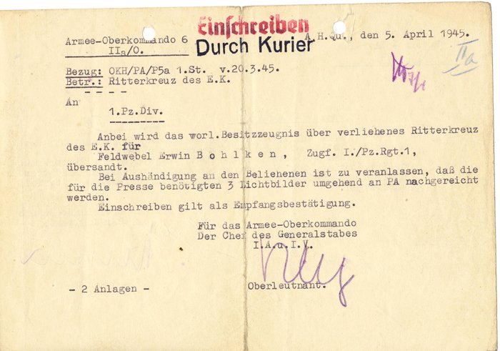 Preliminary Ritterkreuz document set for NCO recipient in 1st Panzer Division — image 6