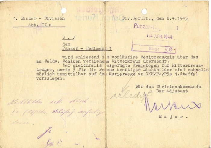 Preliminary Ritterkreuz document set for NCO recipient in 1st Panzer Division — image 7