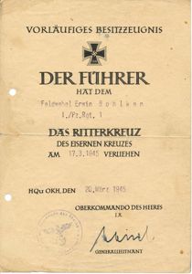 Preliminary Ritterkreuz document set for NCO recipient in 1st Panzer …
