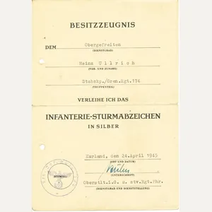 Award document for Infanterie assault badge