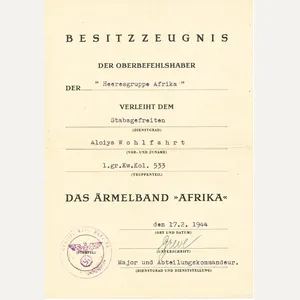 Award document for Afrika sleevetitle