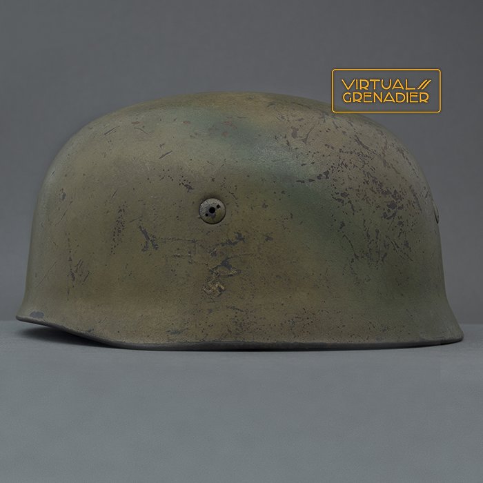 RH55 Luftwaffe M38 single decal tan and green sprayed camouflaged Fallschirmjäger helmet, KIA — image 2