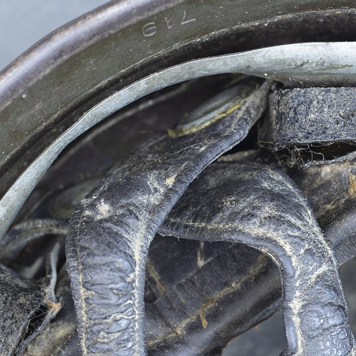 RH55 Luftwaffe M38 single decal tan and green sprayed camouflaged Fallschirmjäger helmet, KIA — image 25