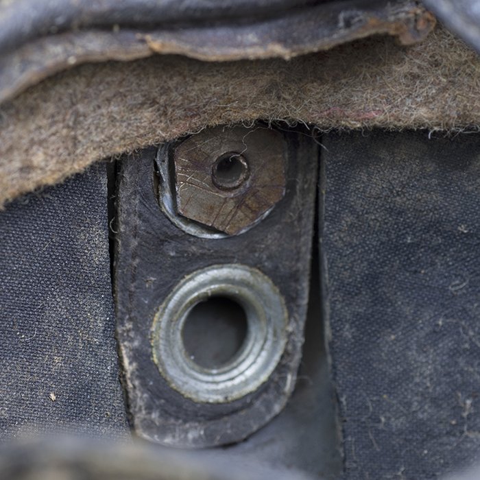 RH55 Luftwaffe M38 single decal tan and green sprayed camouflaged Fallschirmjäger helmet, KIA — image 29