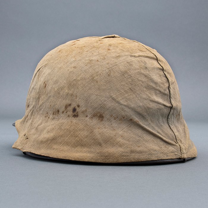 RH28 Heer M40 single decal sawdust overpaint helmet with field made burlap cover — image 10