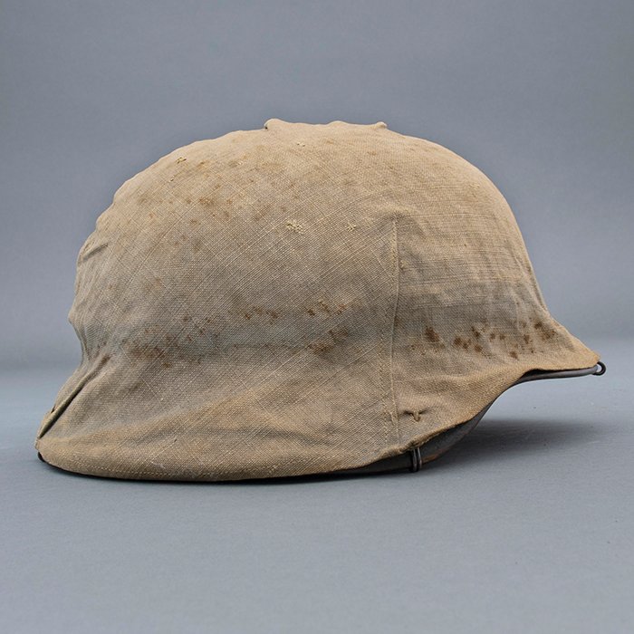 RH28 Heer M40 single decal sawdust overpaint helmet with field made burlap cover — image 13