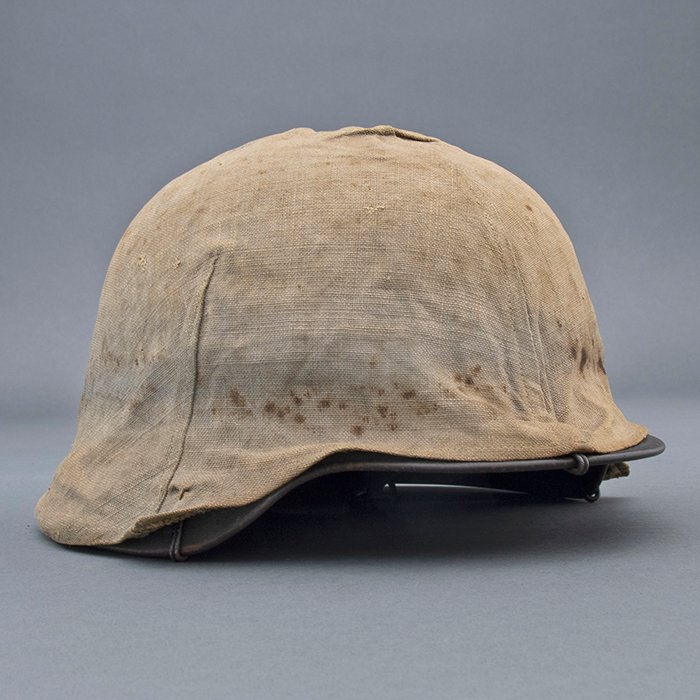 RH28 Heer M40 single decal sawdust overpaint helmet with field made burlap cover — image 15