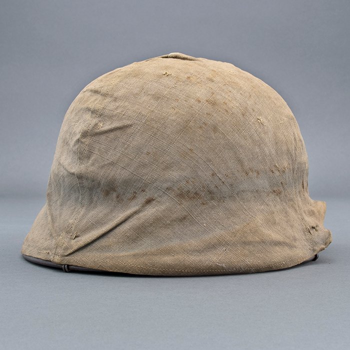 RH28 Heer M40 single decal sawdust overpaint helmet with field made burlap cover — image 16