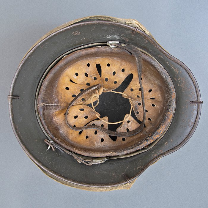 RH28 Heer M40 single decal sawdust overpaint helmet with field made burlap cover — image 20