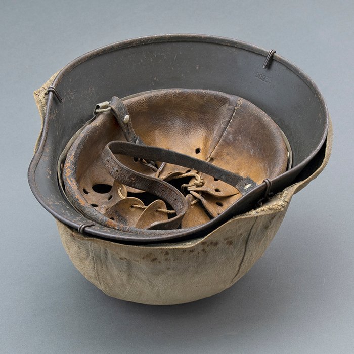 RH28 Heer M40 single decal sawdust overpaint helmet with field made burlap cover — image 21