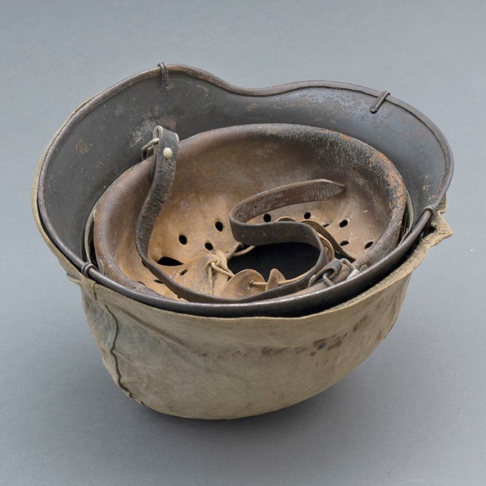 RH28 Heer M40 single decal sawdust overpaint helmet with field made burlap cover — image 22