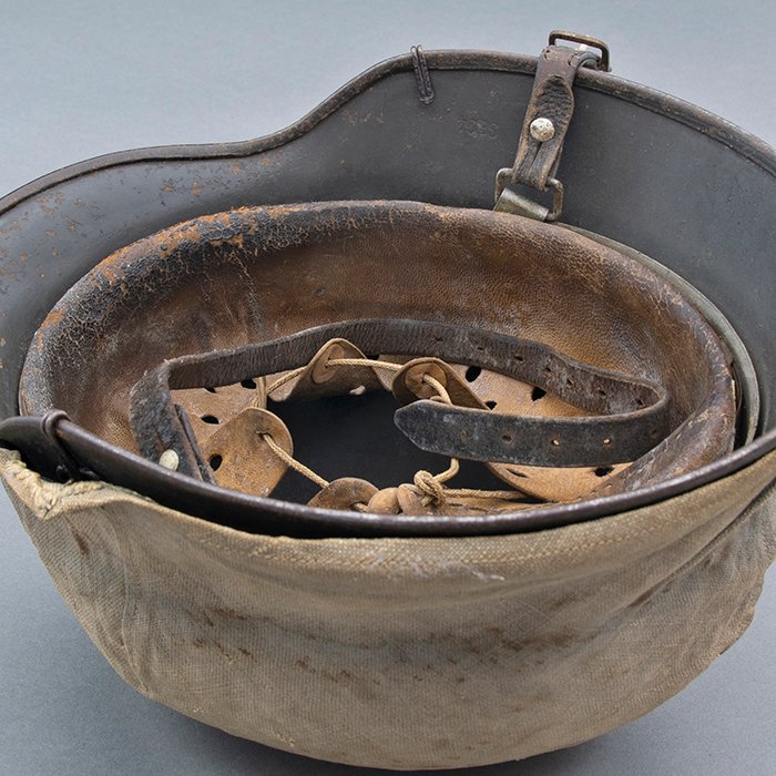 RH28 Heer M40 single decal sawdust overpaint helmet with field made burlap cover — image 23