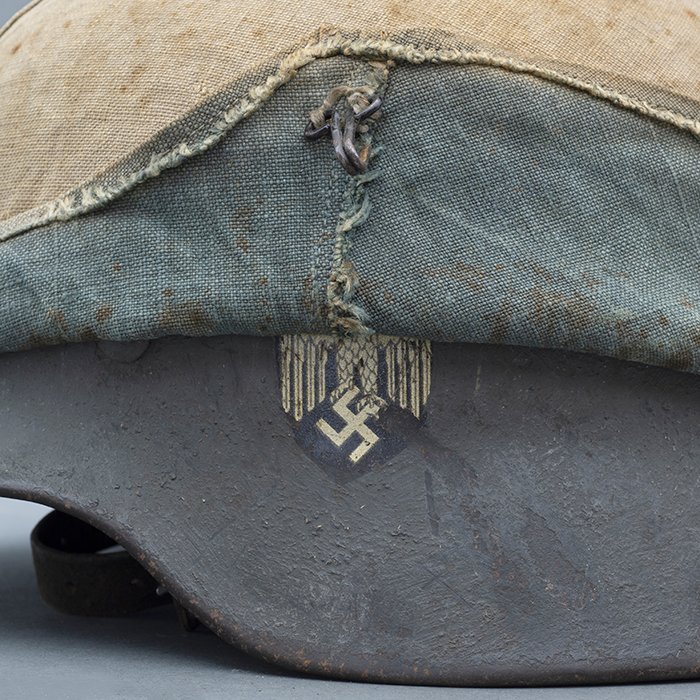 RH28 Heer M40 single decal sawdust overpaint helmet with field made burlap cover — image 4