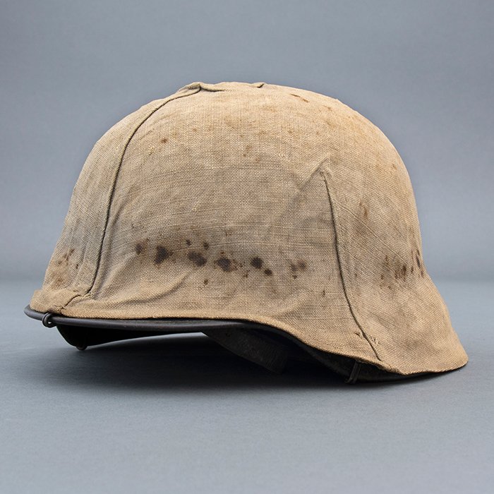 RH28 Heer M40 single decal sawdust overpaint helmet with field made burlap cover — image 7