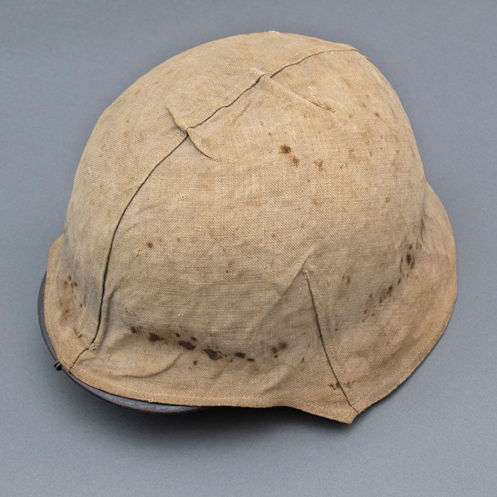 RH28 Heer M40 single decal sawdust overpaint helmet with field made burlap cover — image 8