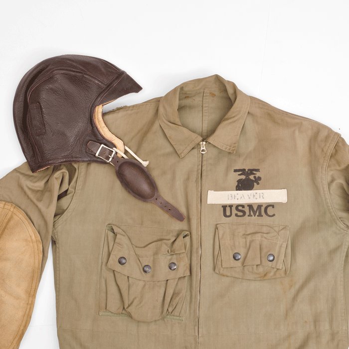 UEQ1 Rare WWII U.S. Marine Corps first pattern paratrooper smock with correct USMC marked leather helmet — image 3