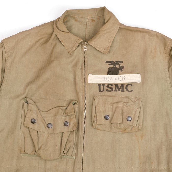 UEQ1 Rare WWII U.S. Marine Corps first pattern paratrooper smock with correct USMC marked leather helmet — image 6