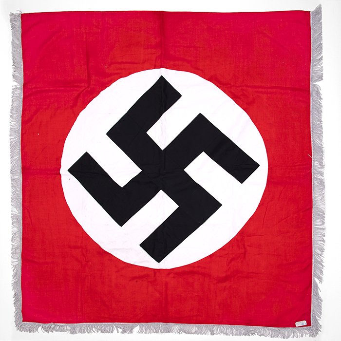 DY109 Double sided NSDAP party flag with metallic fringe borders and paper RZM tag — image 2