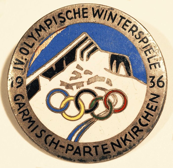Commemorative enameled pin for 1936 winter olympic games — image 2