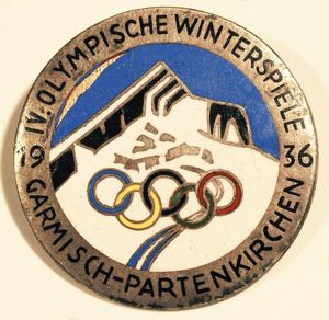 Commemorative enameled pin for 1936 winter olympic games