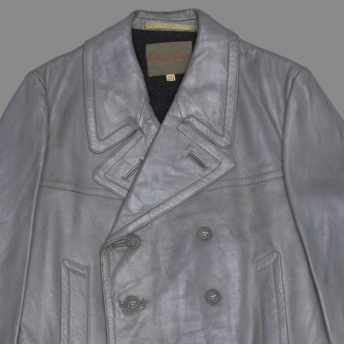 HES714 Set of Kriegsmarine double breasted grey leather deck jacket with matching trousers — image 4