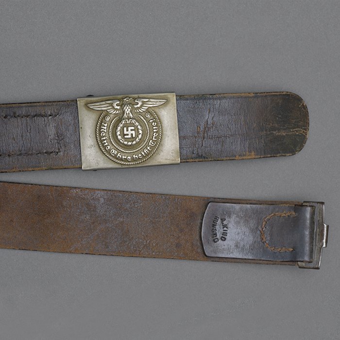 EC2 Named early nickel silver SS EM belt buckle with black leather belt — image 4