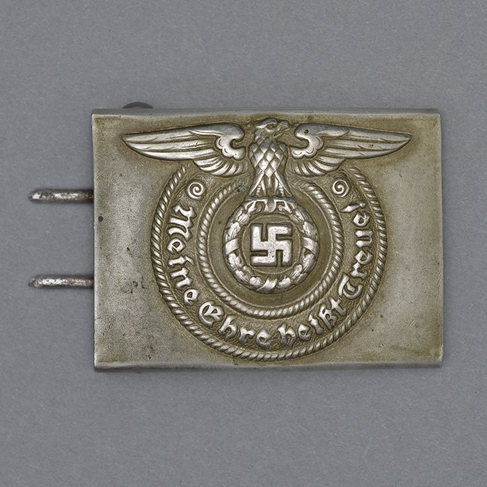 EC2 Named early nickel silver SS EM belt buckle with black leather belt — image 5