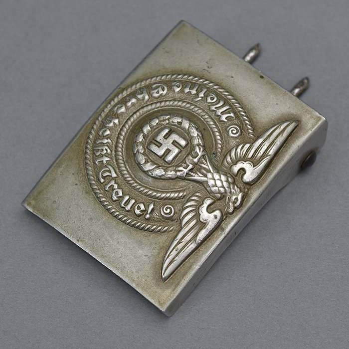 EC2 Named early nickel silver SS EM belt buckle with black leather belt — image 6