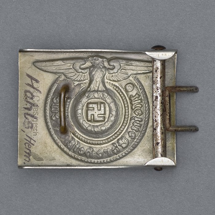 EC2 Named early nickel silver SS EM belt buckle with black leather belt — image 8