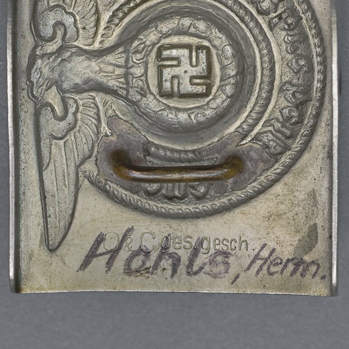 EC2 Named early nickel silver SS EM belt buckle with black leather belt — image 9