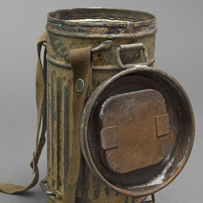 GR6 Tan camouflaged military issue short gas mask canister with carrying strap — image 10