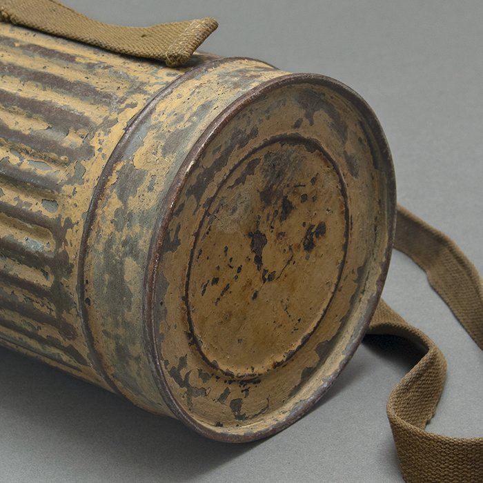 GR6 Tan camouflaged military issue short gas mask canister with carrying strap — image 11